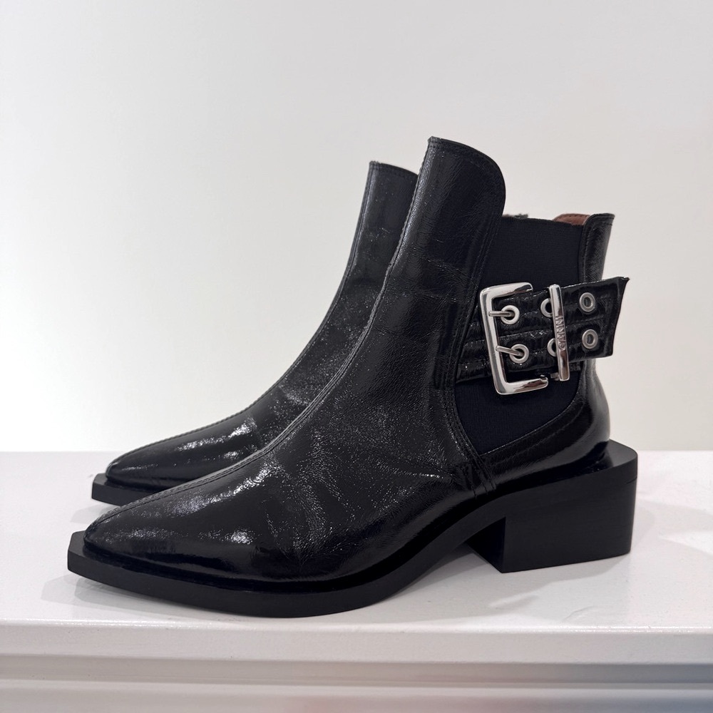 GANNI Leather Ankle Buckled Bootie